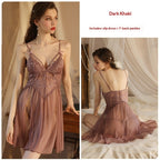 Sexy Mesh Deep-V Lace Nightgown With Side Slits And A Slip Dress