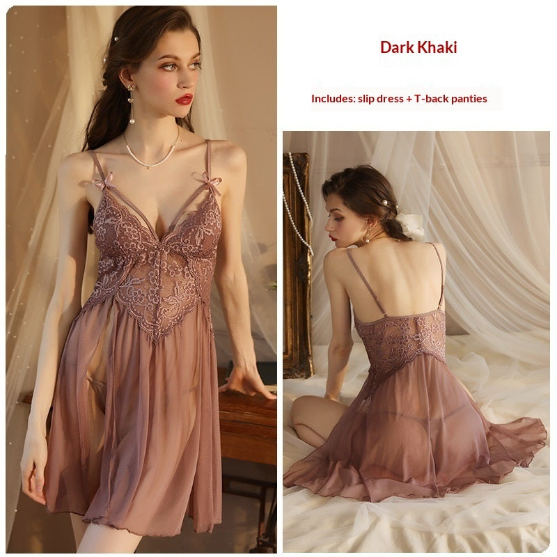 Sexy Mesh Deep-V Lace Nightgown With Side Slits And A Slip Dress