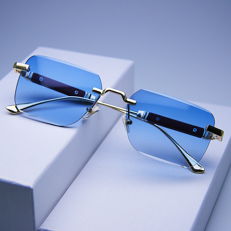 Frameless Edge-cut Sunglasses Fashion Trend Wood Grain Legs Gradient Color