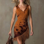 Fringed Ink-Print Mini V-Neck Dress