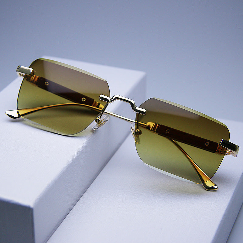 Frameless Edge-cut Sunglasses Fashion Trend Wood Grain Legs Gradient Color