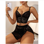 Lace-Panel Strappy Skirt  Suspender Lingerie 3-Piece Set