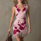 Fringed Ink-Print Mini V-Neck Dress