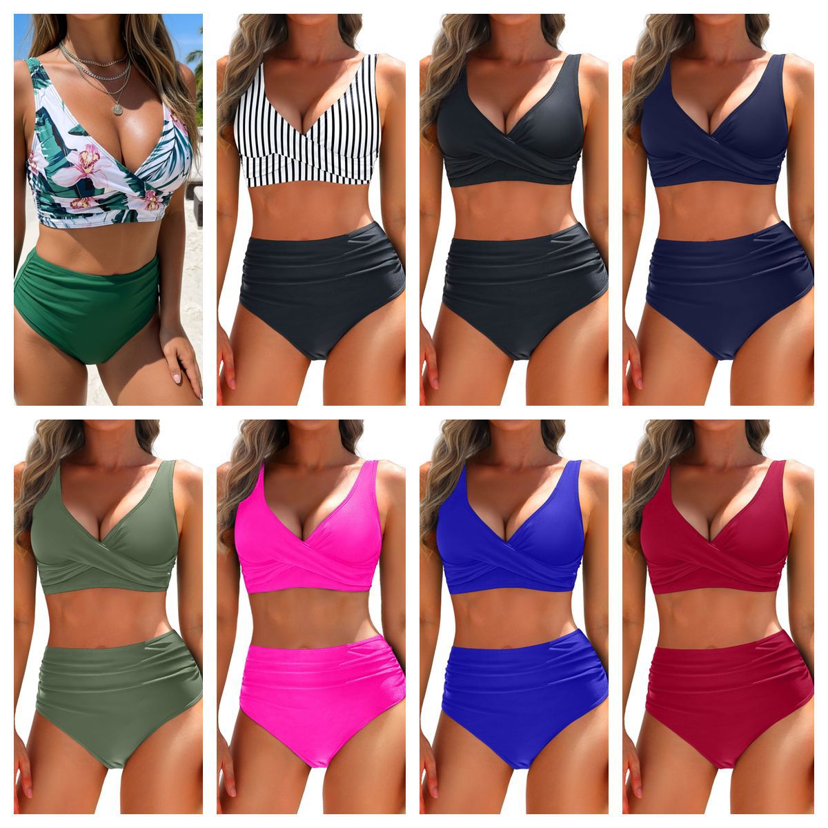 Solid-color Form-fitting Backless Ruched Push-up Womens Two-piece Bikini