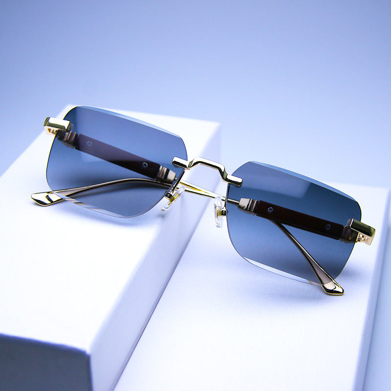 Frameless Edge-cut Sunglasses Fashion Trend Wood Grain Legs Gradient Color