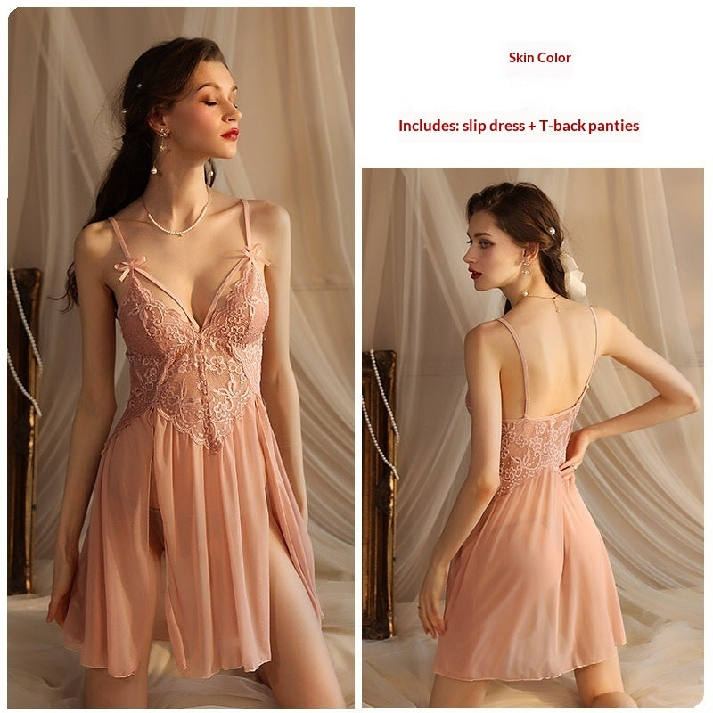 Sexy Mesh Deep-V Lace Nightgown With Side Slits And A Slip Dress