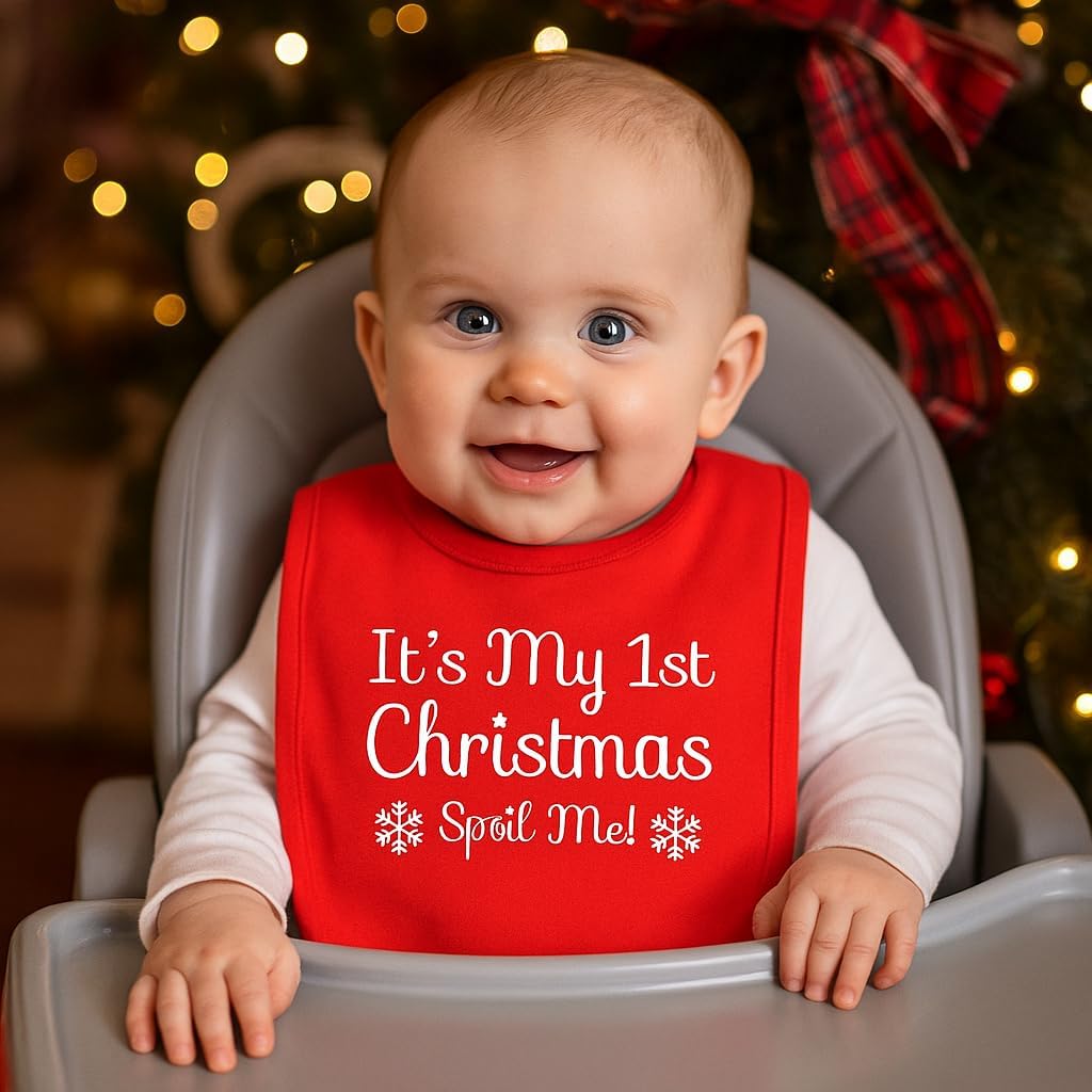 BabyPrem Baby Bib My 1st Christmas Spoil Me Feeding Clothes Boy Girl Unisex Red