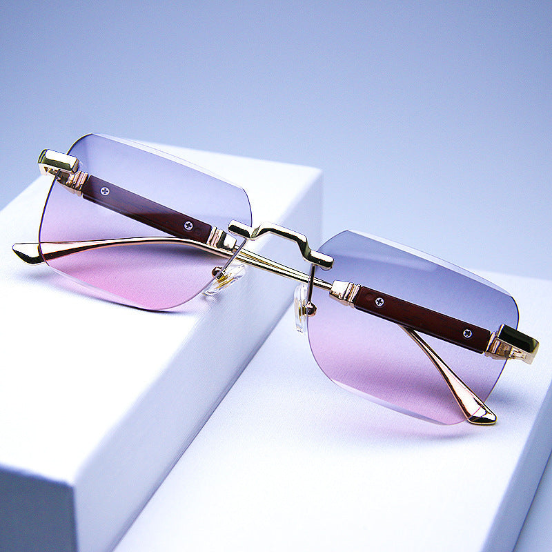 Frameless Edge-cut Sunglasses Fashion Trend Wood Grain Legs Gradient Color