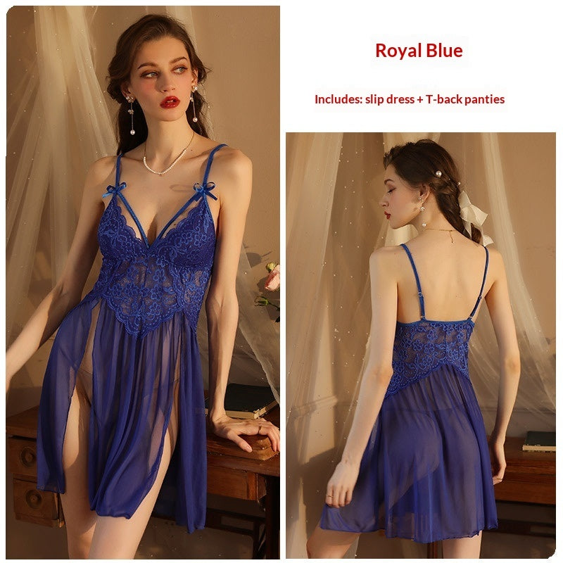 Sexy Mesh Deep-V Lace Nightgown With Side Slits And A Slip Dress