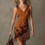 Fringed Ink-Print Mini V-Neck Dress