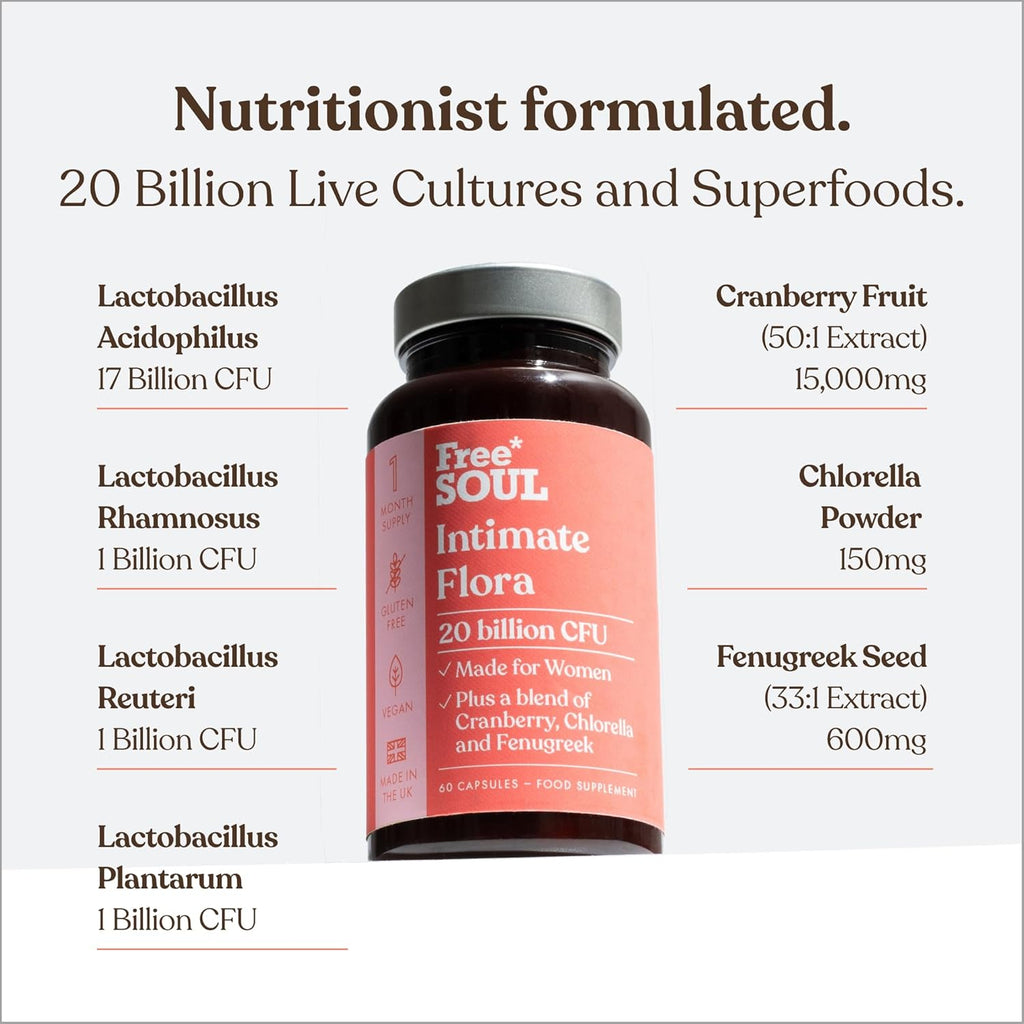 Intimate Flora for Women – 20 Billion CFU with cranberry, fenugreek & chlorella. 60 capsules by Free Soul