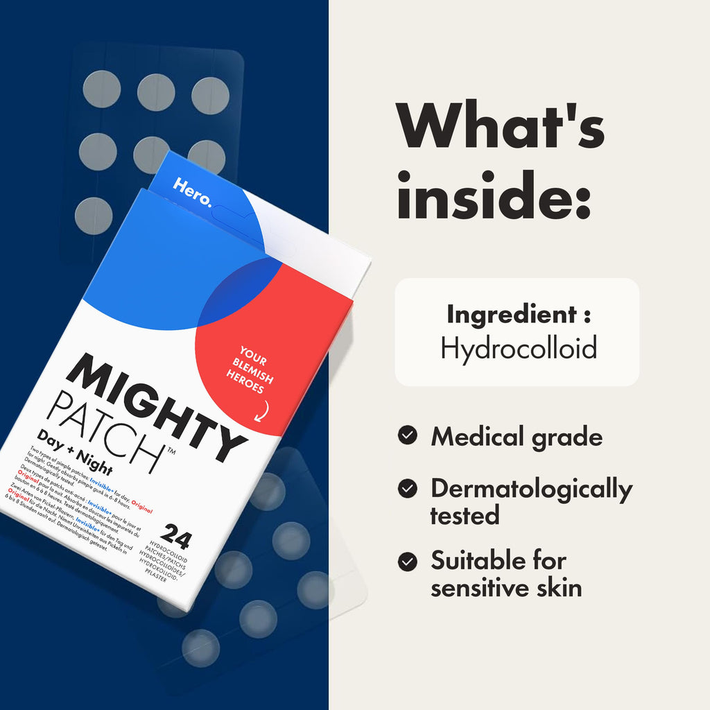 Hero Mighty Patch Day & Night, Hydrocolloid Pimple Patches (24 Pack)