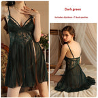Sexy Mesh Deep-V Lace Nightgown With Side Slits And A Slip Dress