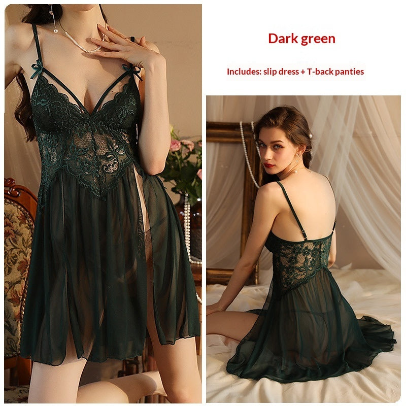 Sexy Mesh Deep-V Lace Nightgown With Side Slits And A Slip Dress