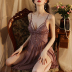 Sexy Mesh Deep-V Lace Nightgown With Side Slits And A Slip Dress