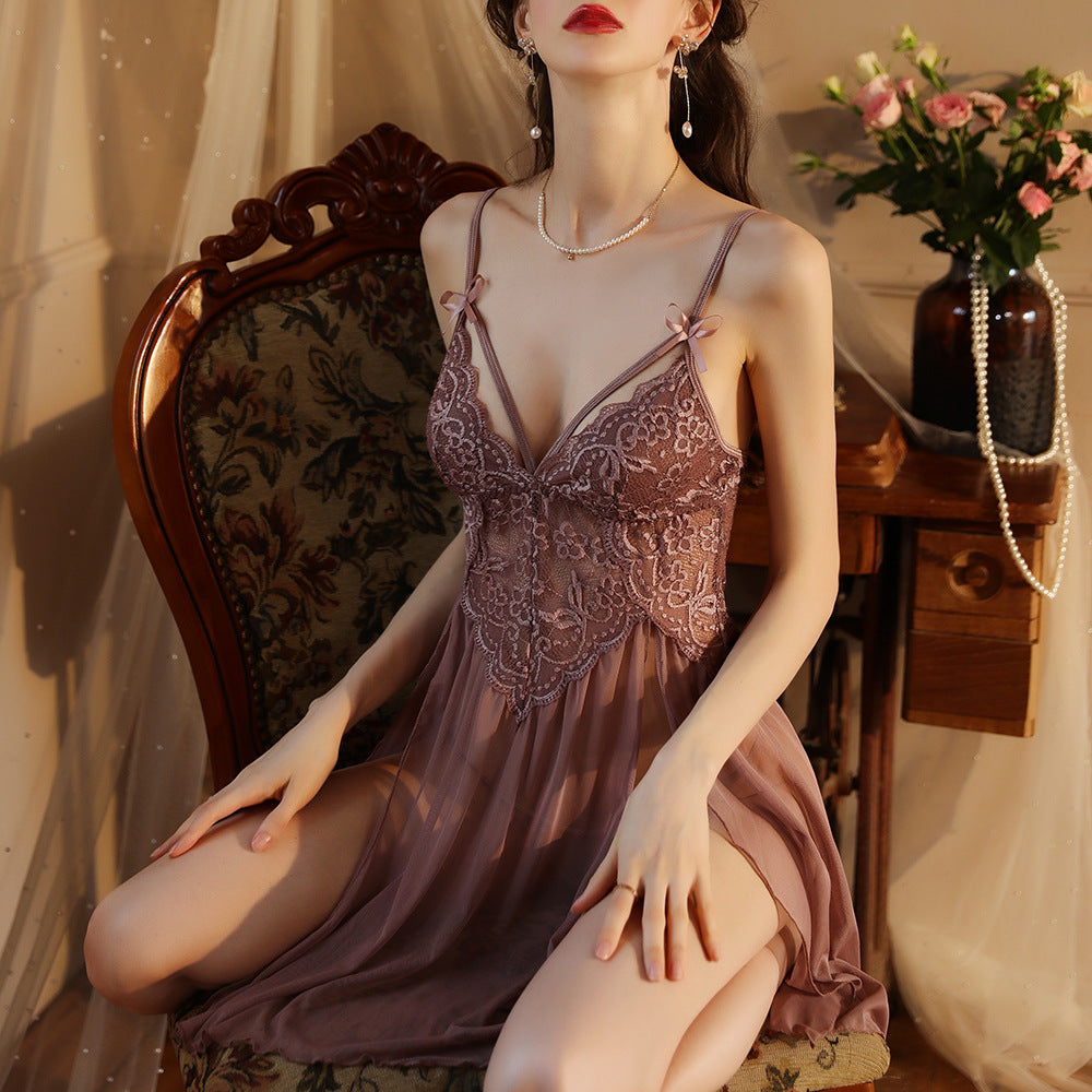 Sexy Mesh Deep-V Lace Nightgown With Side Slits And A Slip Dress