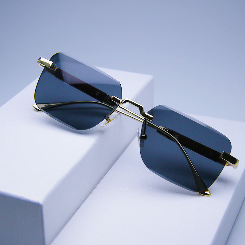 Frameless Edge-cut Sunglasses Fashion Trend Wood Grain Legs Gradient Color