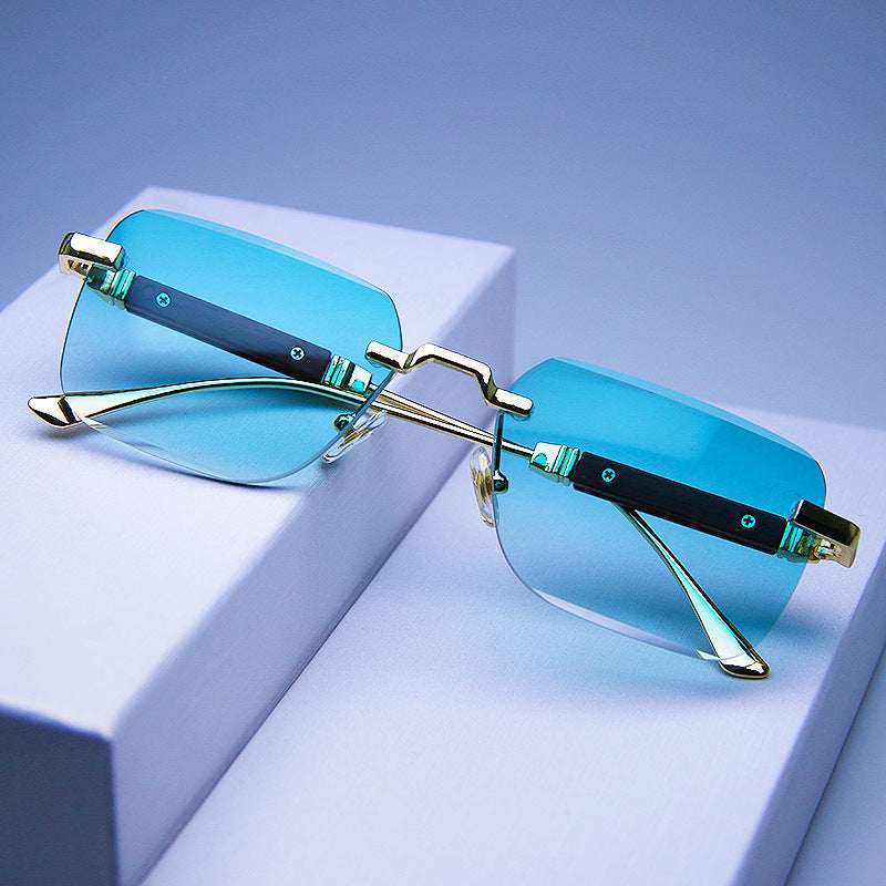 Frameless Edge-cut Sunglasses Fashion Trend Wood Grain Legs Gradient Color