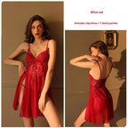 Sexy Mesh Deep-V Lace Nightgown With Side Slits And A Slip Dress