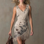 Fringed Ink-Print Mini V-Neck Dress
