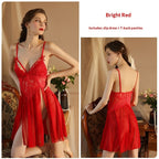 Sexy Mesh Deep-V Lace Nightgown With Side Slits And A Slip Dress