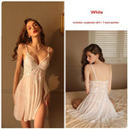 Sexy Mesh Deep-V Lace Nightgown With Side Slits And A Slip Dress